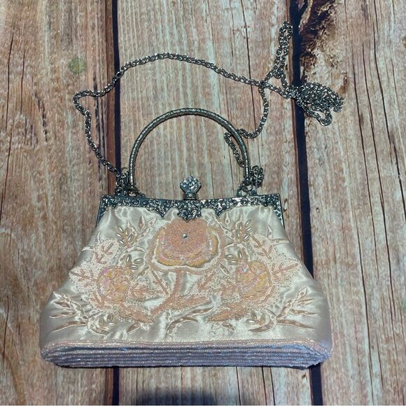 Pink embroidered sequin evening bag clutch handbag shoulder bag Preowned - Picture 2 of 10